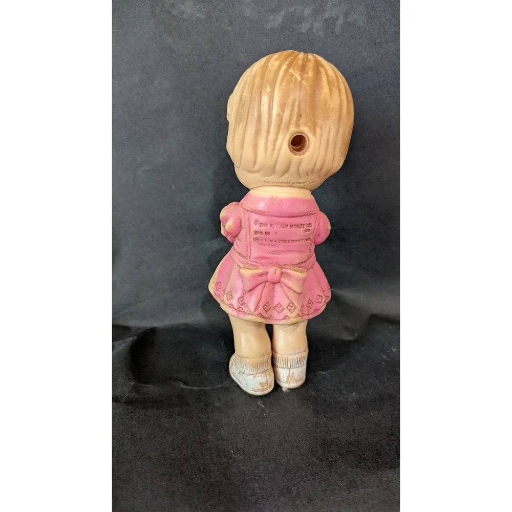 Vintage Edward Mobley Co Rubber Doll Girl Pink Dress Teddy Bear 1960s Squeak Toy